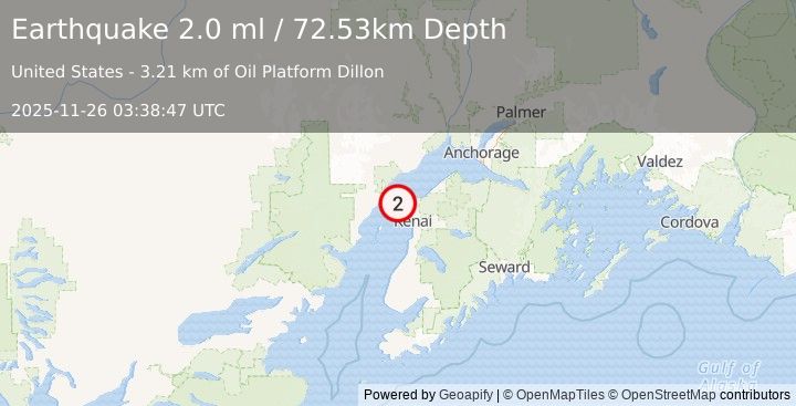 Earthquake 15 km WNW of Nikiski, Alaska (2.0 ml) (2025-11-26 03:38:47 UTC)