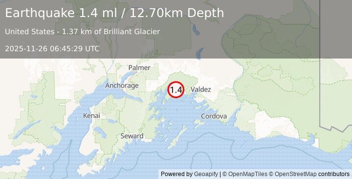 Earthquake 51 km NW of Tatitlek, Alaska (1.4 ml) (2025-11-26 06:45:29 UTC)