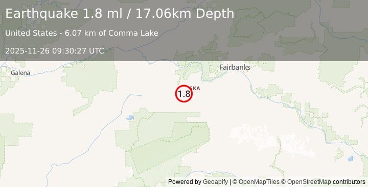 Earthquake 34 km W of Anderson, Alaska (1.8 ml) (2025-11-26 09:30:27 UTC)