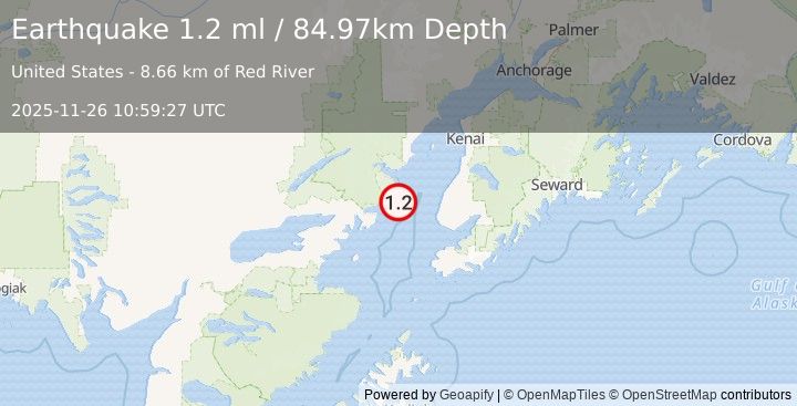 Earthquake 45 km WNW of Anchor Point, Alaska (1.2 ml) (2025-11-26 10:59:27 UTC)