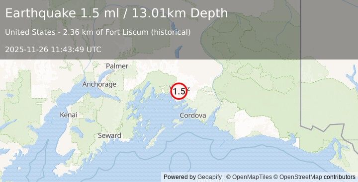 Earthquake 7 km S of Valdez, Alaska (1.5 ml) (2025-11-26 11:43:49 UTC)