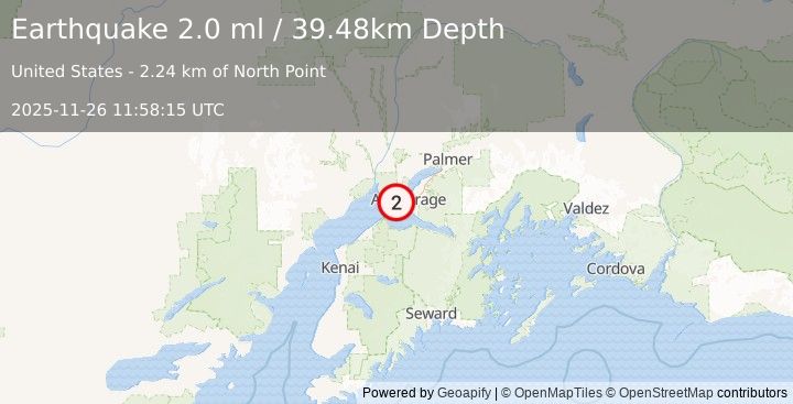 Earthquake 12 km WSW of Anchorage, Alaska (2.0 ml) (2025-11-26 11:58:15 UTC)