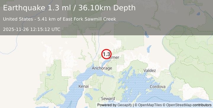 Earthquake 10 km NNE of Meadow Lakes, Alaska (1.3 ml) (2025-11-26 12:15:12 UTC)