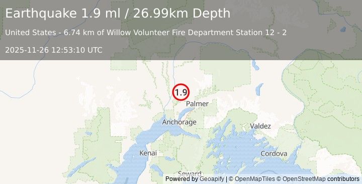 Earthquake 15 km NE of Willow, Alaska (1.9 ml) (2025-11-26 12:53:10 UTC)