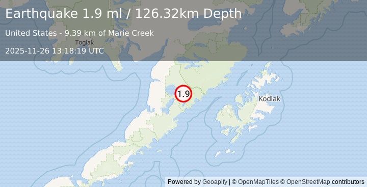 Earthquake 82 km ESE of Egegik, Alaska (1.9 ml) (2025-11-26 13:18:19 UTC)