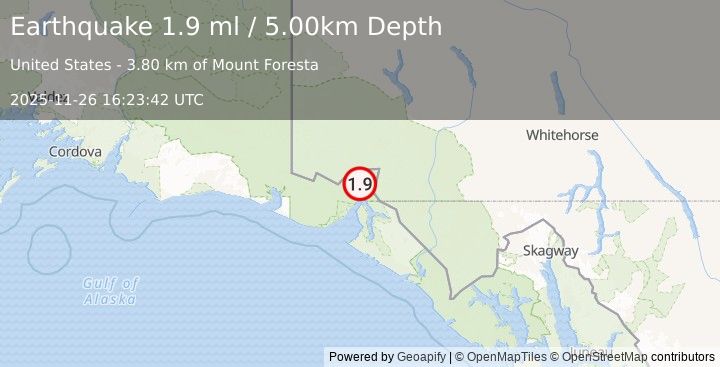 Earthquake 73 km N of Yakutat, Alaska (1.9 ml) (2025-11-26 16:23:42 UTC)