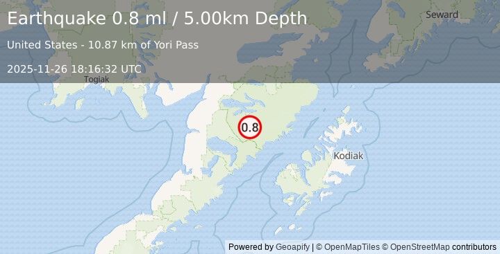 Earthquake 81 km SE of King Salmon, Alaska (0.8 ml) (2025-11-26 18:16:32 UTC)