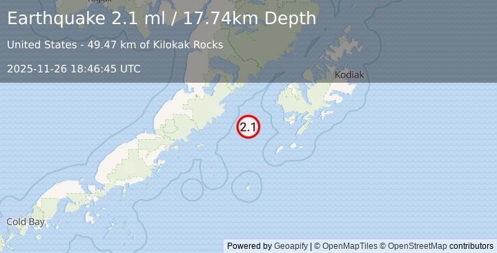 Earthquake 88 km W of Akhiok, Alaska (2.1 ml) (2025-11-26 18:46:45 UTC)