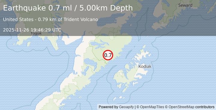 Earthquake 83 km NNW of Karluk, Alaska (0.7 ml) (2025-11-26 19:46:29 UTC)