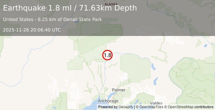 Earthquake 38 km NNE of Chase, Alaska (1.8 ml) (2025-11-26 20:06:40 UTC)