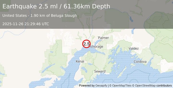 Earthquake 25 km SSW of Susitna, Alaska (2.5 ml) (2025-11-26 21:29:46 UTC)
