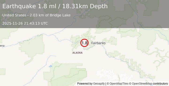 Earthquake 26 km N of Four Mile Road, Alaska (1.8 ml) (2025-11-26 21:43:13 UTC)