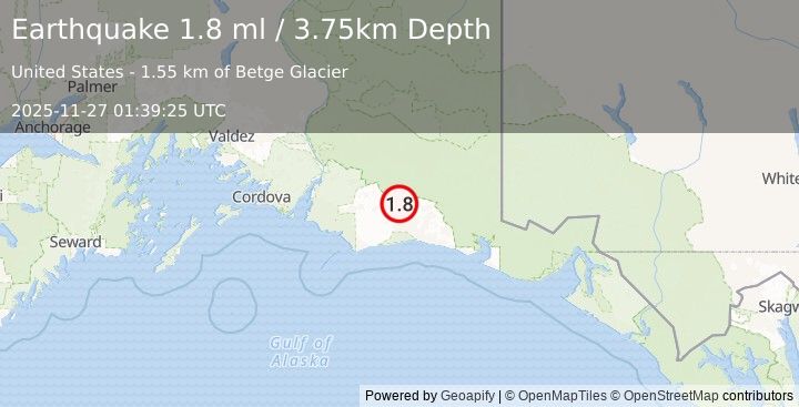 Earthquake 106 km S of McCarthy, Alaska (1.8 ml) (2025-11-27 01:39:25 UTC)
