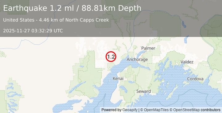 Earthquake 41 km WNW of Beluga, Alaska (1.2 ml) (2025-11-27 03:32:29 UTC)