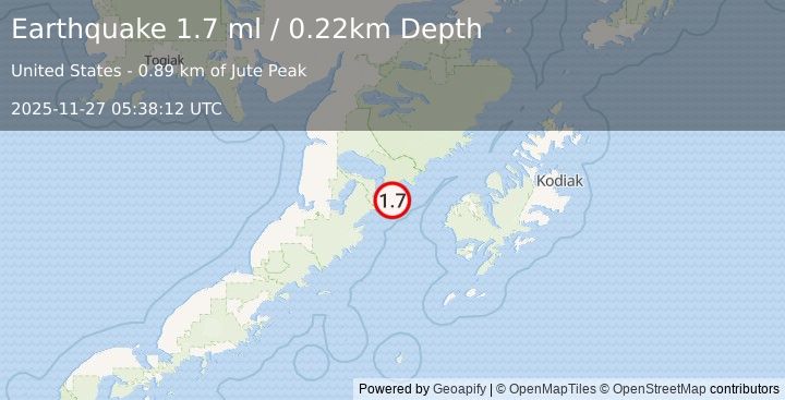 Earthquake 78 km W of Karluk, Alaska (1.7 ml) (2025-11-27 05:38:12 UTC)