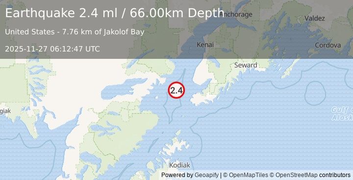 Earthquake 40 km WNW of Nanwalek, Alaska (2.4 ml) (2025-11-27 06:12:47 UTC)