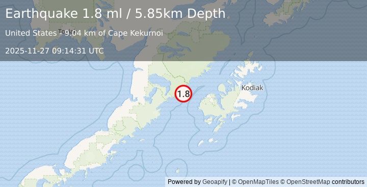 Earthquake 55 km W of Karluk, Alaska (1.8 ml) (2025-11-27 09:14:31 UTC)