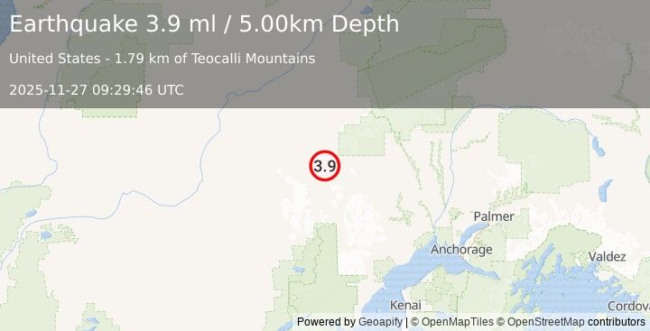 Earthquake 97 km WNW of Skwentna, Alaska (3.9 ml) (2025-11-27 09:29:46 UTC)