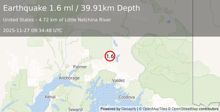 Earthquake 10 km WSW of Nelchina, Alaska (1.6 ml) (2025-11-27 09:34:48 UTC)