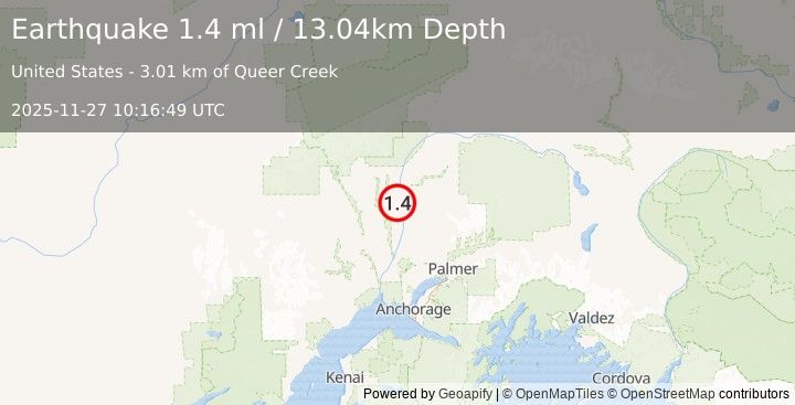 Earthquake 11 km S of Trapper Creek, Alaska (1.4 ml) (2025-11-27 10:16:49 UTC)