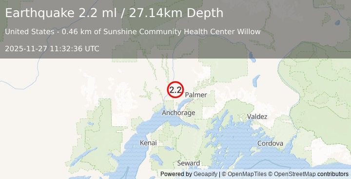 Earthquake 4 km S of Willow, Alaska (2.2 ml) (2025-11-27 11:32:36 UTC)