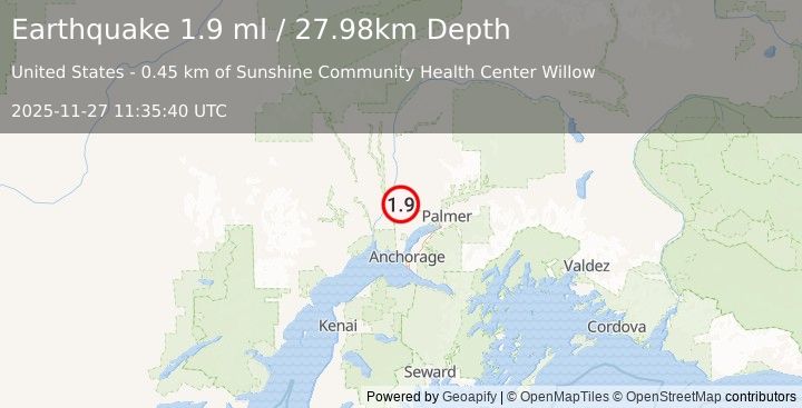 Earthquake 4 km SSE of Willow, Alaska (1.9 ml) (2025-11-27 11:35:40 UTC)