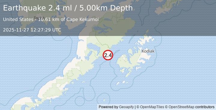 Earthquake 53 km W of Karluk, Alaska (2.4 ml) (2025-11-27 12:27:29 UTC)