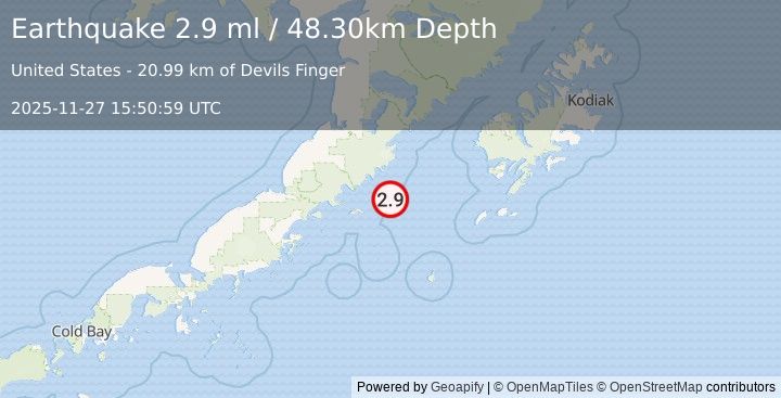 Earthquake 106 km SSE of Ugashik, Alaska (2.9 ml) (2025-11-27 15:50:59 UTC)