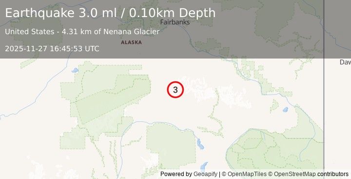 Earthquake 64 km ENE of Cantwell, Alaska (3.0 ml) (2025-11-27 16:45:53 UTC)