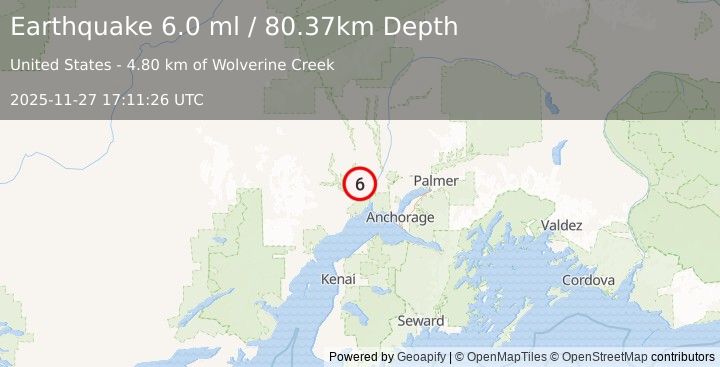 Earthquake 14 km W of Susitna, Alaska (6.0 ml) (2025-11-27 17:11:26 UTC)