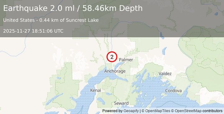 Earthquake 7 km SSW of Willow, Alaska (2.0 ml) (2025-11-27 18:51:06 UTC)