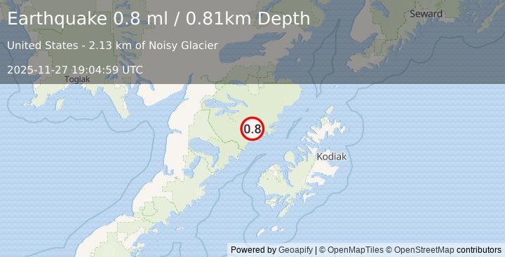 Earthquake 80 km NNW of Karluk, Alaska (0.8 ml) (2025-11-27 19:04:59 UTC)