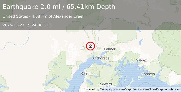 Earthquake 25 km NW of Susitna, Alaska (2.0 ml) (2025-11-27 19:24:38 UTC)