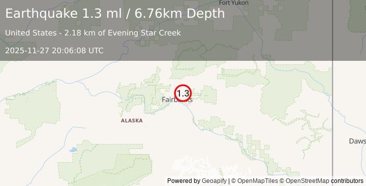 Earthquake 7 km E of Fox, Alaska (1.3 ml) (2025-11-27 20:06:08 UTC)