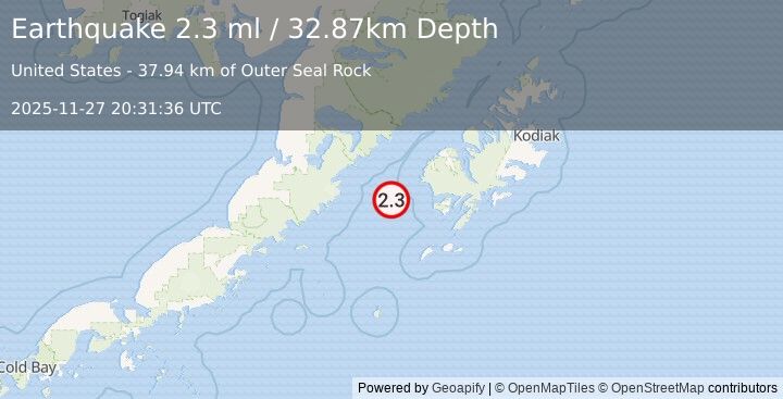 Earthquake 72 km WNW of Akhiok, Alaska (2.3 ml) (2025-11-27 20:31:36 UTC)