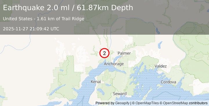 Earthquake 8 km NW of Susitna, Alaska (2.0 ml) (2025-11-27 21:09:42 UTC)