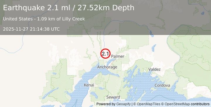 Earthquake 5 km S of Willow, Alaska (2.1 ml) (2025-11-27 21:14:38 UTC)