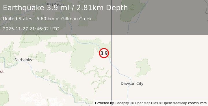Earthquake 34 km NNW of Eagle, Alaska (3.9 ml) (2025-11-27 21:46:02 UTC)