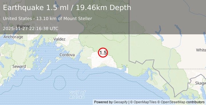 Earthquake 90 km S of McCarthy, Alaska (1.5 ml) (2025-11-27 22:16:38 UTC)