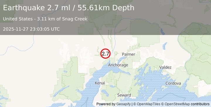 Earthquake 19 km WNW of Susitna, Alaska (2.7 ml) (2025-11-27 23:03:05 UTC)