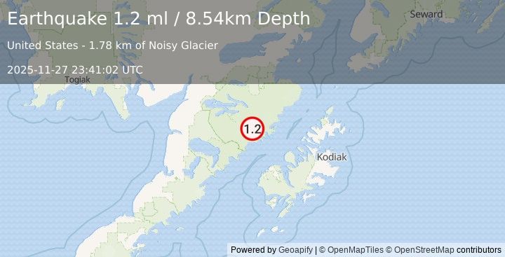 Earthquake 81 km NNW of Karluk, Alaska (1.2 ml) (2025-11-27 23:41:02 UTC)