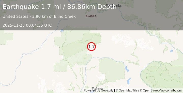 Earthquake 36 km WSW of Cantwell, Alaska (1.7 ml) (2025-11-28 00:04:55 UTC)
