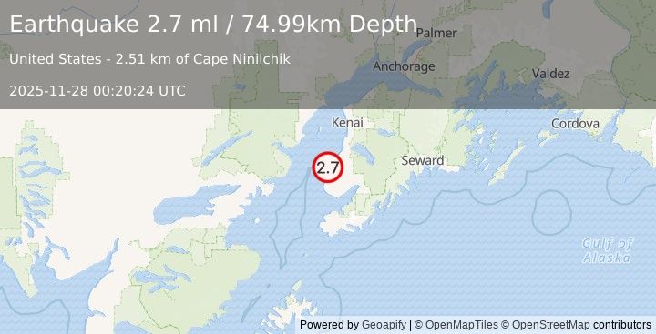 Earthquake 4 km SW of Ninilchik, Alaska (2.7 ml) (2025-11-28 00:20:24 UTC)