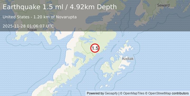 Earthquake 86 km NNW of Karluk, Alaska (1.5 ml) (2025-11-28 01:06:07 UTC)