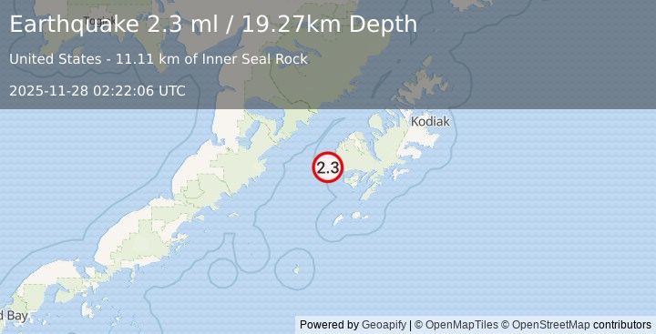 Earthquake 48 km SSW of Karluk, Alaska (2.3 ml) (2025-11-28 02:22:06 UTC)