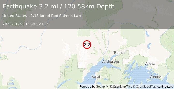 Earthquake 34 km W of Skwentna, Alaska (3.2 ml) (2025-11-28 02:38:52 UTC)