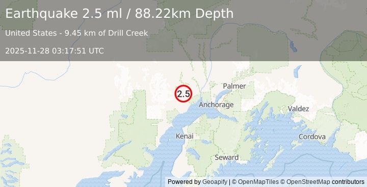 Earthquake 35 km NNW of Beluga, Alaska (2.5 ml) (2025-11-28 03:17:51 UTC)