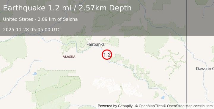 Earthquake 2 km SE of Salcha, Alaska (1.2 ml) (2025-11-28 05:05:00 UTC)