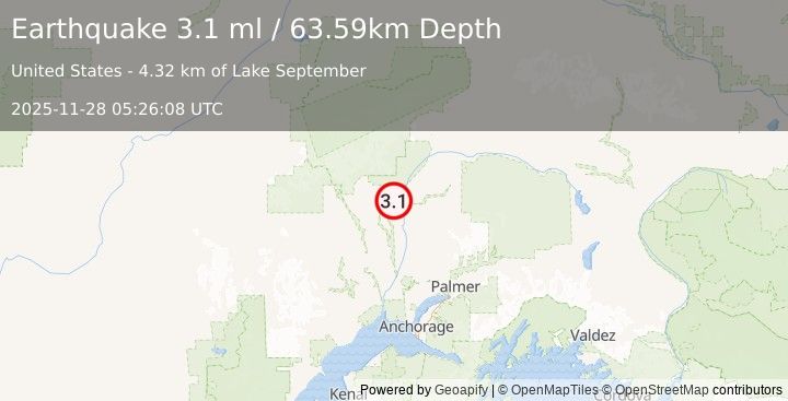 Earthquake 11 km NNW of Trapper Creek, Alaska (3.1 ml) (2025-11-28 05:26:08 UTC)