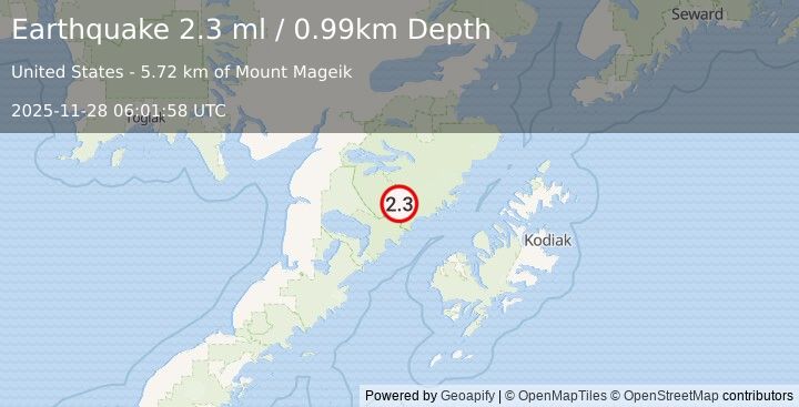 Earthquake 85 km NW of Karluk, Alaska (2.3 ml) (2025-11-28 06:01:58 UTC)